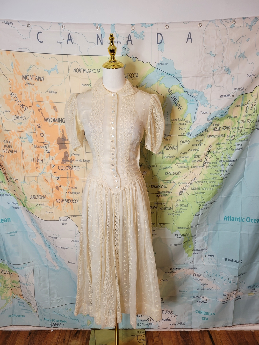 Vintage Cream Eyelet Button-Front Midi Dress